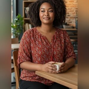 Max Studio Floral Boho Blouse Ruffle 3Q Bell Sleeve Top White/Red Size XL